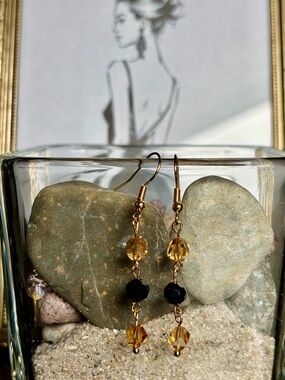 Gold-Tone Yellow and Black Bead Drop Earrings — Elegant Dangle Pair